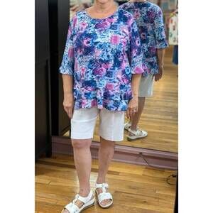 NEW N TOUCH women's floral ruffle blouse in blue